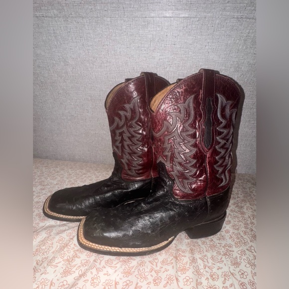 Tony Lama Black Full Quill Ostrich and Dark Red Square Toe Boot - Picture 2 of 5
